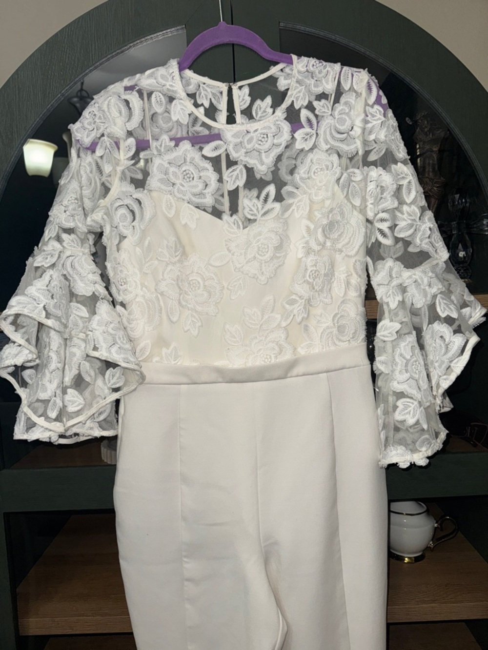 Black Halo White Lace Long Sleeve Jumpsuit